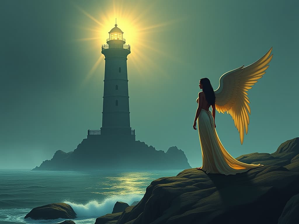  a lighthouse standing tall on a rocky shore, its beam cutting through the mist, with a large busted angelic figure in a radiant gown standing beside it, guiding lost souls to safety, symbolizing a beacon of hope and joy. the style is digital art illustration / modern comic book / mysterious occult, symbolic, esoteric vibe,high detail on character design, incorporating ancient egyptian symbology and attire.