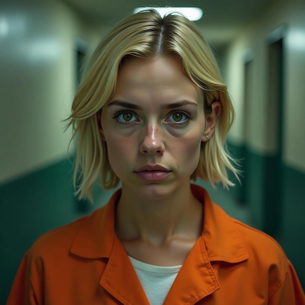  a hyper realistic headshot of a caucasian female in her late 20s, with short blonde hair and a gaunt, tired face. she wears an orange prison jumpsuit, her hazel eyes filled with regret and exhaustion. she looks directly into the camera, with a faintly blurred prison visiting room in the background, showcasing a dim light casting soft shadows, high quality, high details, hd, perfect composition, 4k epic detailed, highly detailed, sharp focus, high resolution