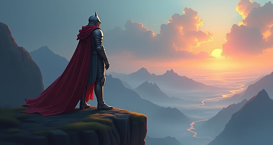  mystical knight in radiant armor, standing tall on a cliff, overlooking a shimmering landscape, aura of determination, relentless spirit. the style is digital art illustration,highly detailed, whimsical,magical, dreamlike atmosphere, realism and fantasy blend, smooth, glossy textures,luminous quality, wonder and enchantment.