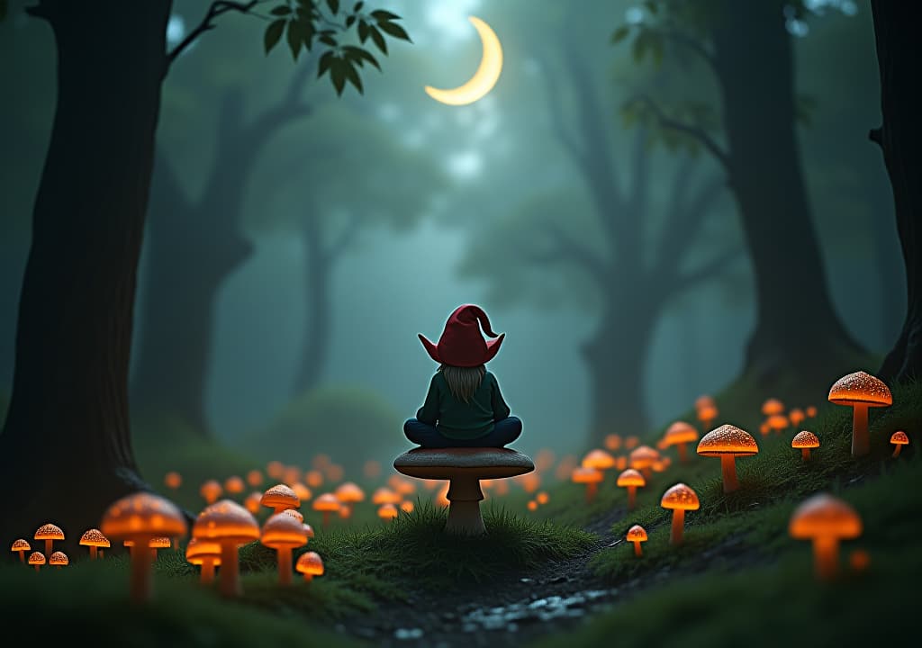  mystical forest with glowing mushrooms, a serene gnome sitting cross legged on a toadstool, surrounded by ancient trees, soft mist, and a crescent moon shining through the foliage. hyperrealistic, full body, detailed clothing, highly detailed, cinematic lighting, stunningly beautiful, intricate, sharp focus, f/1. 8, 85mm, (centered image composition), (professionally color graded), ((bright soft diffused light)), volumetric fog, trending on instagram, trending on tumblr, HDR 4K, 8K