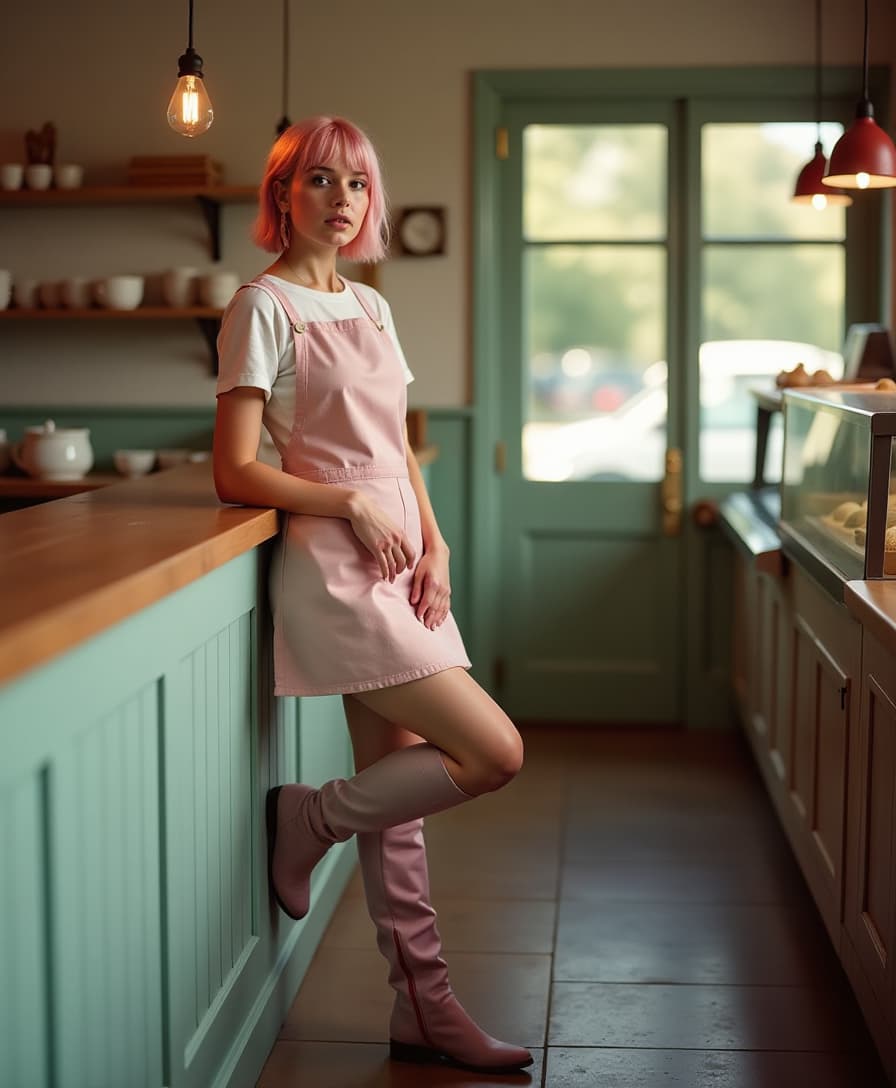  cinematic photo a young woman with short modern pastek pink hair leans the wall with one high up leg in a cozy bakery. she wears in a pastel colored apron with knee high boots. full body, side view, fashion photo. . 35mm photograph, film, bokeh, professional, 4k, highly detailed