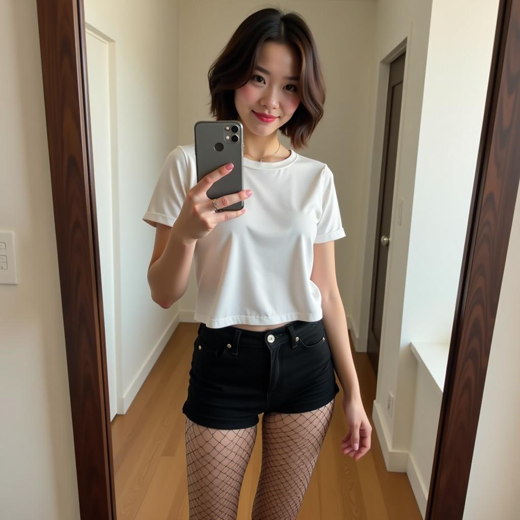  girly asian , very short bob hair wearing white cropped off shoulder t shirt flat and black shorts and fishnet stocking with black high heels taking selfie in room