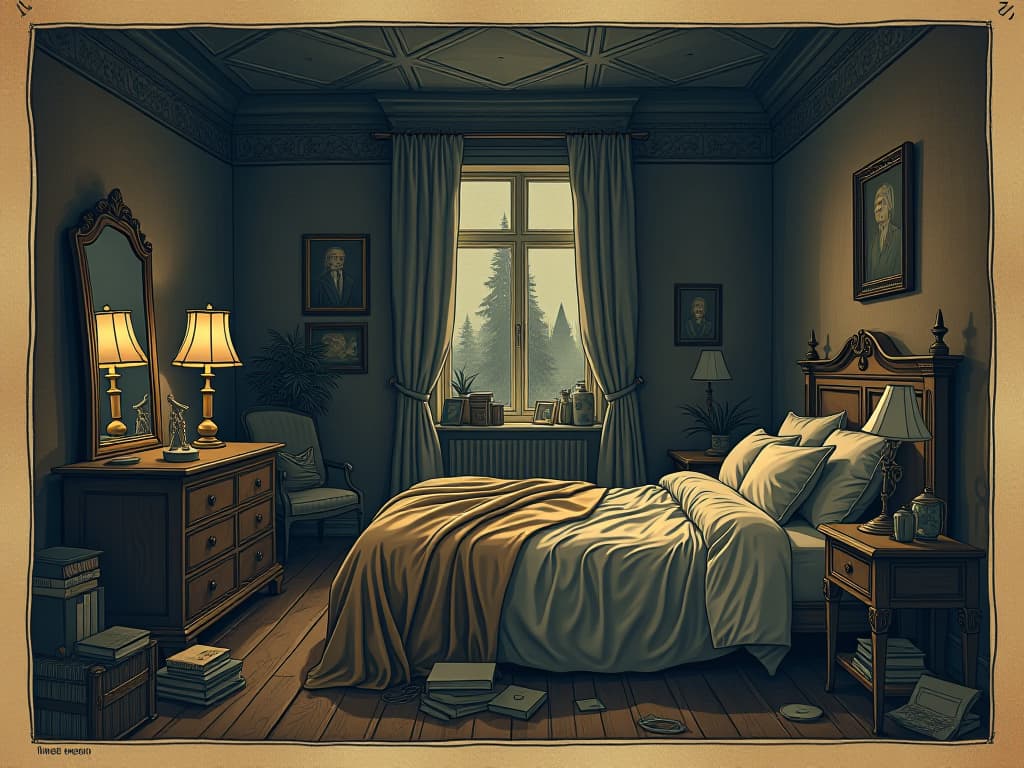  bedroom with a mirror reflecting disarray, amplifying chaos, shadows darkening the space, creating a vortex effect, heavy and disorienting. an illustration in the style of a worn, mystical old tarot trump card, mysterious and elements of surrealism. the colors are muted, somber and eerie, but with contrast bring out an occult and esoteric vibe.