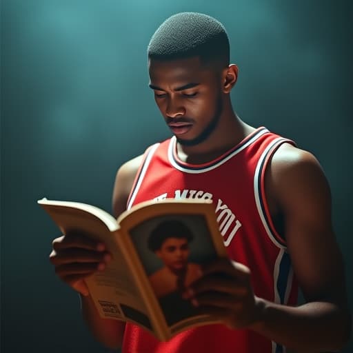  a basketball player reading a magazine, where the magazine has 'we miss you toby' hyperrealistic, full body, detailed clothing, highly detailed, cinematic lighting, stunningly beautiful, intricate, sharp focus, f/1. 8, 85mm, (centered image composition), (professionally color graded), ((bright soft diffused light)), volumetric fog, trending on instagram, trending on tumblr, HDR 4K, 8K