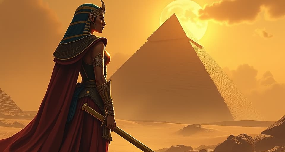  large busted egyptian warrior queen in shimmering golden armor, sword sheathed, standing silently beside a colossal pyramid, calm determination, conserving energy. the style is digital art illustration / modern comic book / mysterious occult, symbolic, esoteric vibe,high detail on character design, incorporating ancient egyptian symbology and attire.