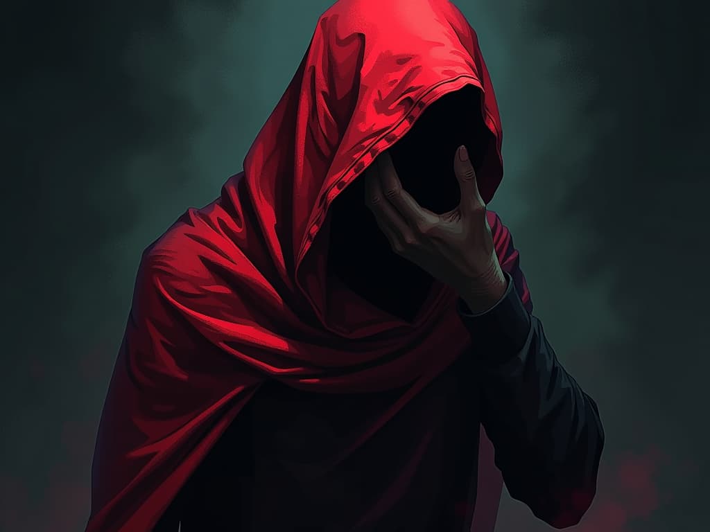  mysterious figure in red veil, whispering into ear, dark background, sense of messages from beyond. the style is digital art illustration / modern comic book / graphic dark novel fantasy and mysterious occult, symbolic, moody lighting, esoteric vibe,high detail on character design. for the color scheme emphasize blacks and reds.