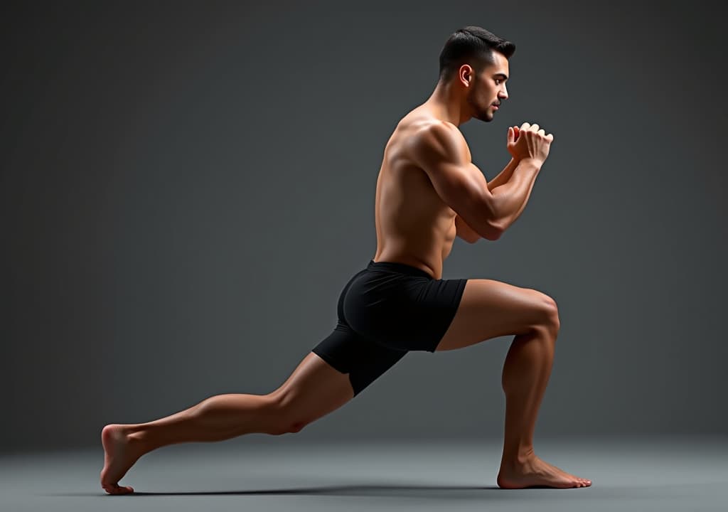  a fitness model holding a dynamic lunge position, with defined leg muscles and a strong, stable posture.