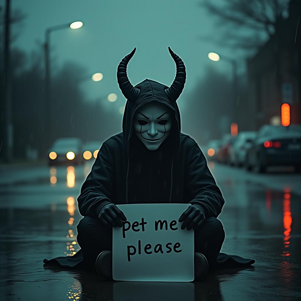  demon oni with a mask sitting in the rain, (black ink tears from eyes),tears, text on paper says "pet me please", close up, dark clouds, rain, water puddles and cars, street, emotional scene, realistic, cinematic lighting and dramatic atmosphere,plain white mask:2, tears,theatrycal mask,sad, demon, smoke, smoke in the backround, smoke clothes,