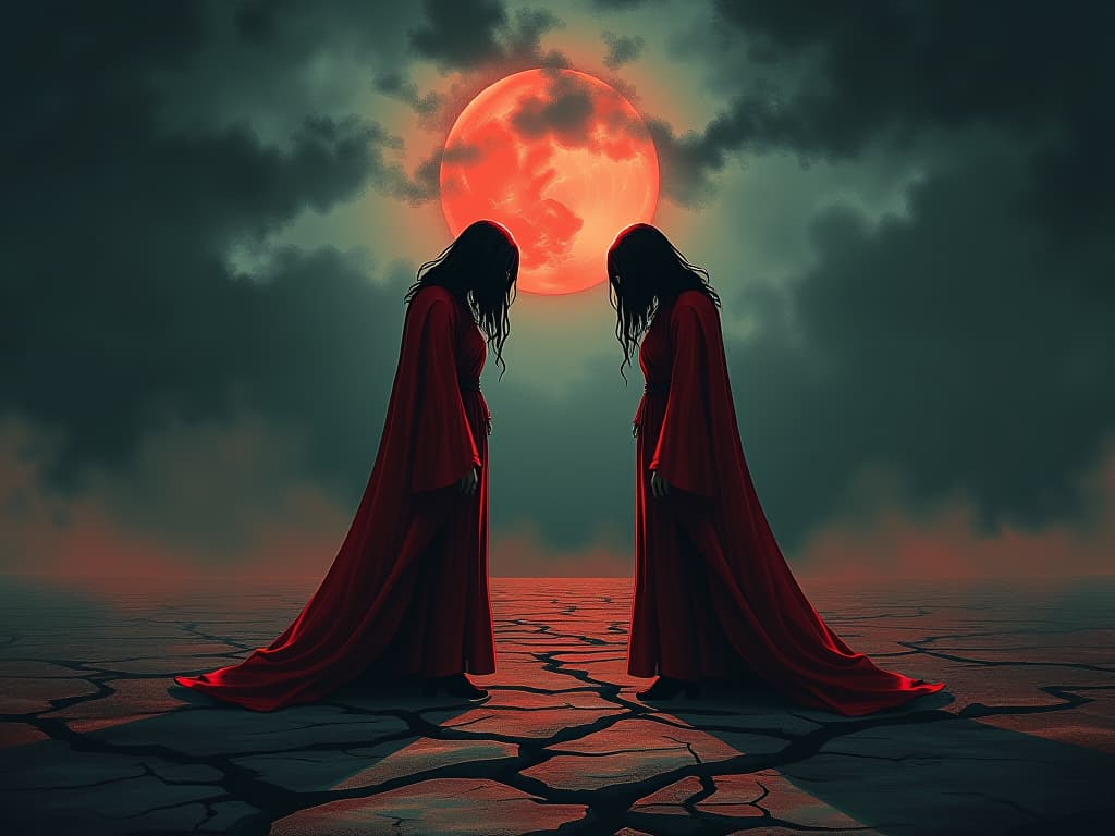  averted eyes, turned away in shame, figures dressed in red, avoiding each other's gaze, standing on a cracked, desolate ground under a stormy sky, tension palpable.. the style is dark fantasy and mysterious occult, symbolic, moody lighting, esoteric vibe,high detail on character design. for the color scheme emphasize blacks and reds.