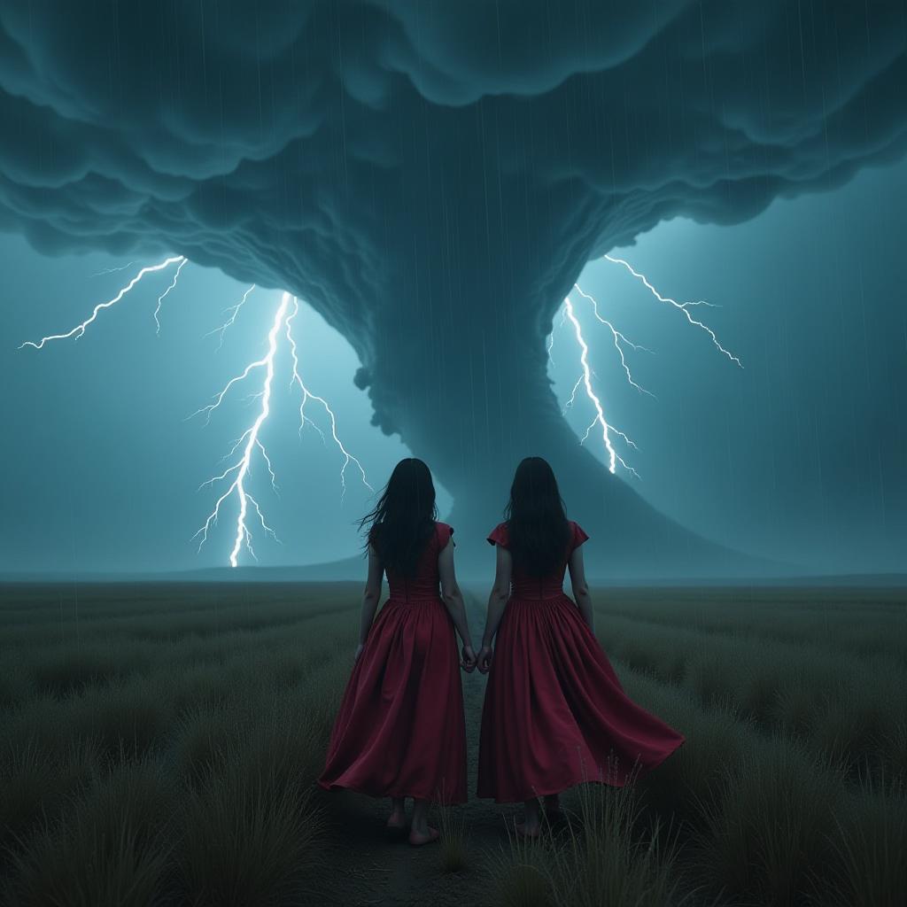  two young vampires in dresses in the middle of the steppe, heavy rain, lightning, a huge tornado of the highest category, professional photo, 4k, high resolution, high detail