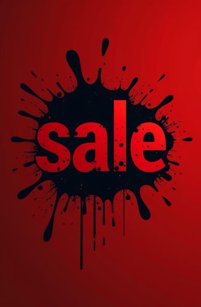  flat illustration, flaticon, (illustration:1.15), the old letters “sale” black background. at the bottom of the image is a red background with black splashes splashes ar 2:3, [cory loftis, strobist, pascal campion :: 0.2]