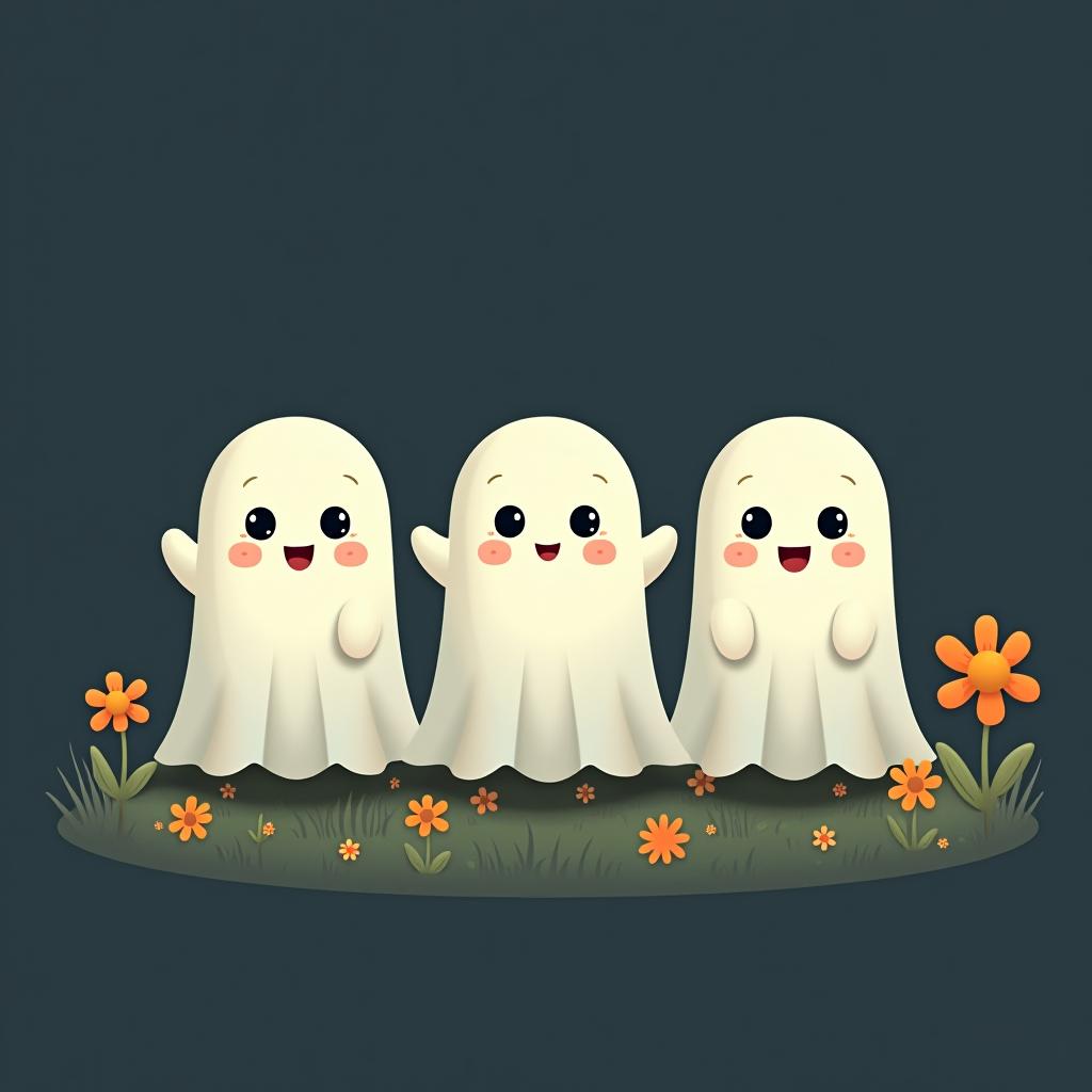  create a digital illustration featuring a row of three cute, cartoonish ghost characters, each with a different appearance, standing in different positions within sparse, life like wildflowers.