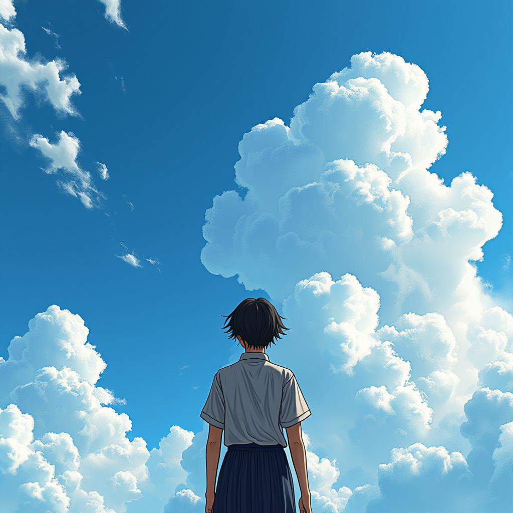  many black pencil lines on the sky with a beautiful blue sky background with unique soft white clouds. anime. studio ghibli style. firooze hyperrealistic, full body, detailed clothing, highly detailed, cinematic lighting, stunningly beautiful, intricate, sharp focus, f/1. 8, 85mm, (centered image composition), (professionally color graded), ((bright soft diffused light)), volumetric fog, trending on instagram, trending on tumblr, HDR 4K, 8K