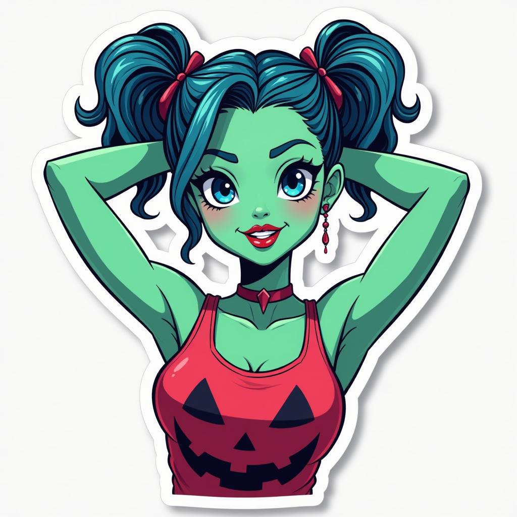  vector art stickers, "a image of a halloween "a stylized female character with halloween hair styled in an the character has bright blue almond shaped eyes, bold red lips, and green skin tones she is wearing a sleeveless top with a halloween pattern the character is posing confidently with her arms raised behind her head, giving off a relaxed yet poised vibe." full hd, inspired by stylish 32k uhd, wonder, les nabi's, tin core, aspect ratio 9:16, version 5.20, on a transparent background suitable for a game.", professional vector design, sticker designs, sticker sheet