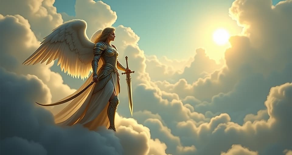  a celestial warrior angel, clad in shimmering armor, standing on a cloud overlooking a mystical battlefield. with a sword in hand and eyes focused, this divine figure is ready for spiritual warfare. the atmosphere, charged with divine purpose and valor.. the style is digital art illustration,highly detailed, whimsical,magical, dreamlike atmosphere, realism and fantasy blend, smooth, glossy textures,luminous quality, wonder and enchantment.