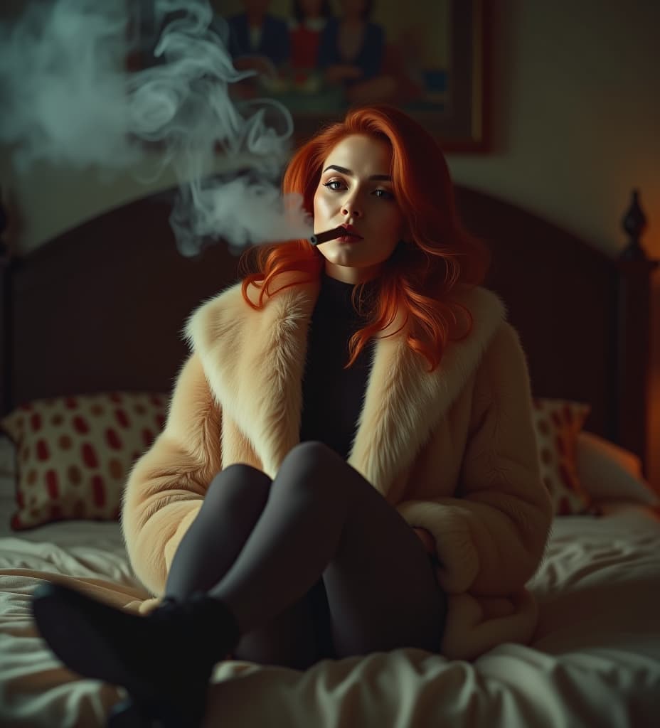  a pretty redhead mafia girl smoking a big cuban cigar, blowing huge clouds of smoke, wearing fur coat, feet on bed