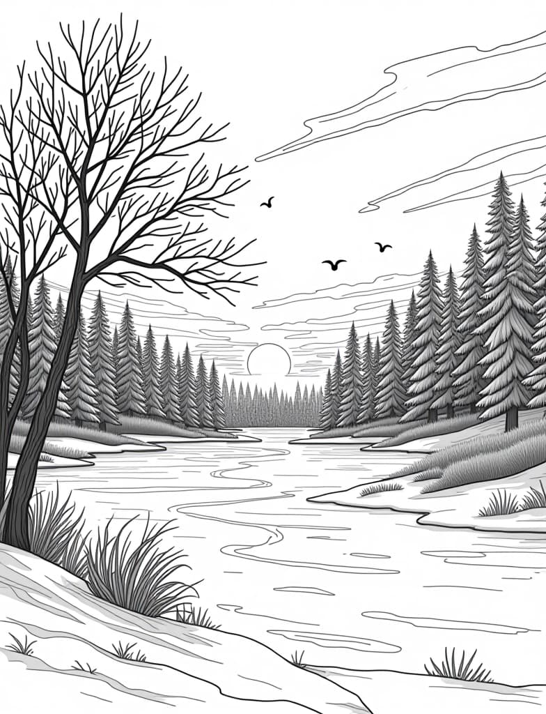  this is for an adult coloring page. a detailed black and white line art of a snowy winter sunset over a frozen lake on a solid white background.