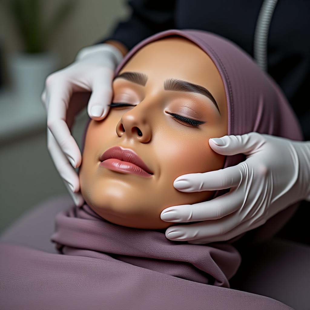  a muslim woman in a headscarf is getting a facial.