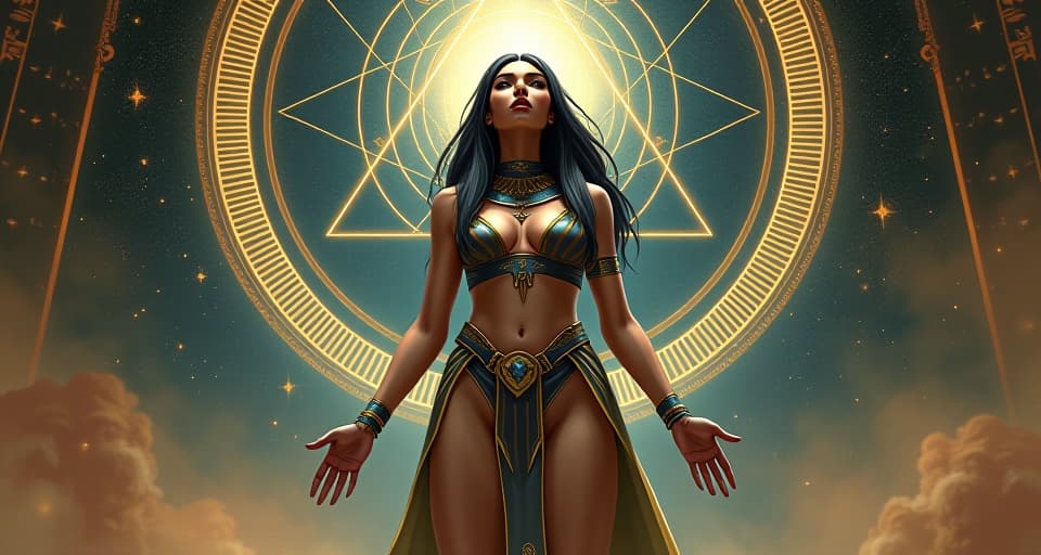  a large busted psychic in tight, shimmering clothing, standing at the nexus of cosmic alignment, celestial symbols illuminating around her, moment of divine truth. the style is digital art illustration / modern comic book / mysterious occult, symbolic, esoteric vibe,high detail on character design, incorporating ancient egyptian symbology and attire.