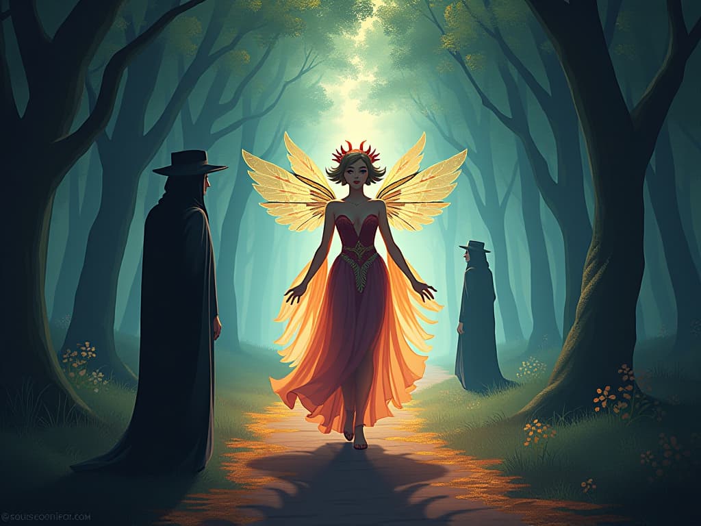  mystic in radiant attire, walking down an ethereal path while shadowy figures watch in misunderstanding. magical ambiance highlights dedication.. the style is digital art illustration,highly detailed, whimsical,magical, dreamlike atmosphere, realism and fantasy blend, smooth, glossy textures,luminous quality, wonder and enchantment.