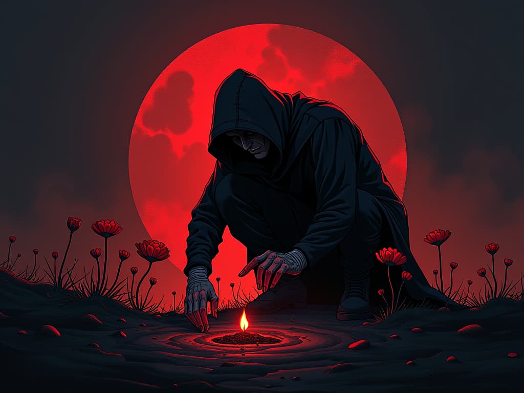  figure planting seeds, red flowers blooming, aura of new beginnings. the style is digital art illustration / modern comic book / graphic dark novel fantasy and mysterious occult, symbolic, moody lighting, esoteric vibe,high detail on character design. for the color scheme emphasize blacks and reds.