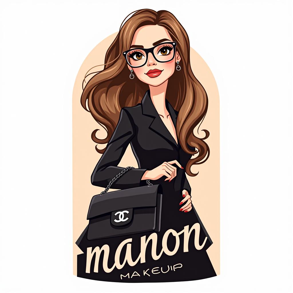  design a logo, a tall light brown haired woman with glasses holding a chanel bag, with the text 'manon makeup '.