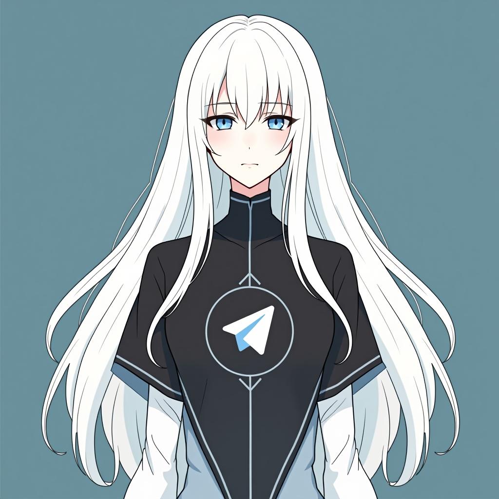  create an image of a character inspired by emilia from re:zero, featuring long white hair and an elegant appearance. the character should be wearing a shirt with the telegram logo, embodying peace and serenity. the design should be simple with a minimalistic background, and include the name 'emilia' in a stylish font