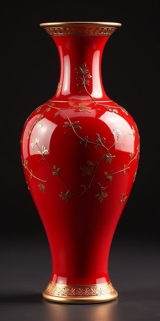  a red and gold vase with gold trim, high quality, high details, hd, perfect composition, 4k epic detailed, highly detailed, sharp focus, high resolution