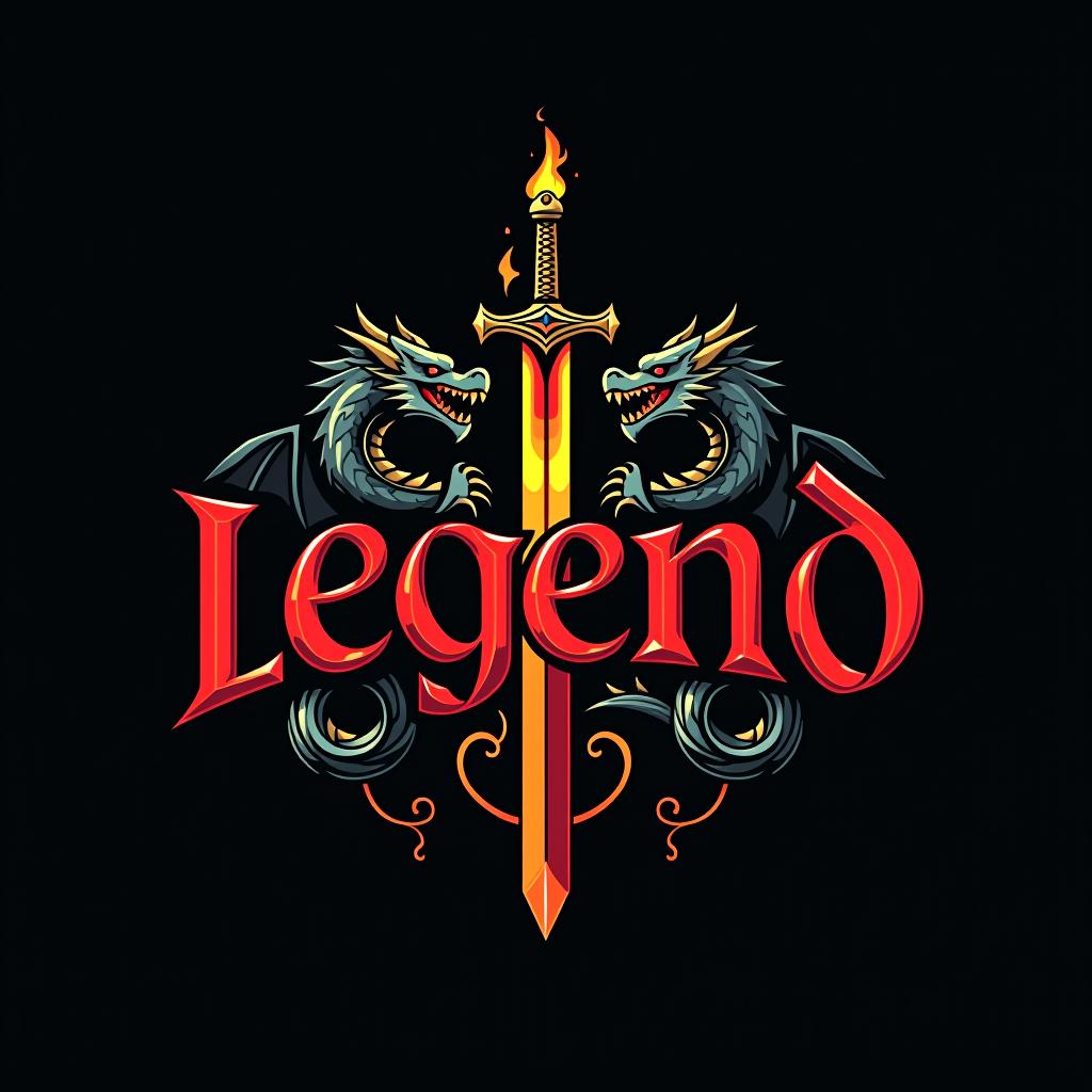  design a logo, custom sticker design on an isolated black background with the words ‘legend’ in bold font decorated by mythical dragons and a flaming sword