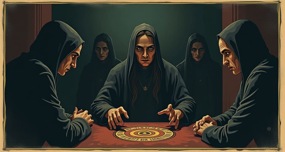  a dark room, deceptive faces, shadowy figures in corners, manipulative glances, heavy atmosphere. an illustration in the style of a worn, mystical old tarot trump card, mysterious and elements of surrealism. the colors are muted, somber and eerie, but with contrast bring out an occult and esoteric vibe.