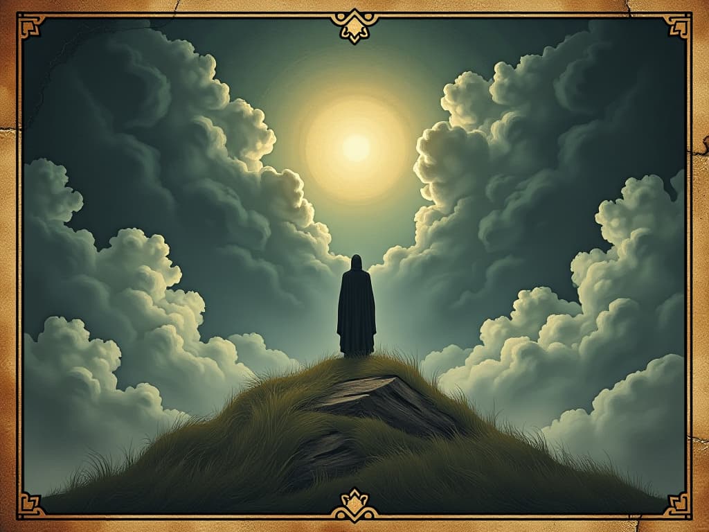  solid foundation, stormy clouds looming, figure standing firm, resilience, inner strength. an illustration in the style of a worn, mystical old tarot trump card, mysterious and elements of surrealism. the colors are muted, somber and eerie, but with contrast bring out an occult and esoteric vibe.