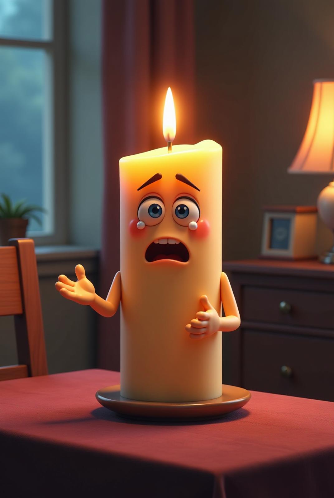  create a 3d image on a faty candle with eyes hands is standing on table with explaining hand gestures and burning in beautifull room and very sadly crying tears comes out from eyes colourfull hd. 4k as 3d pixar realistic style