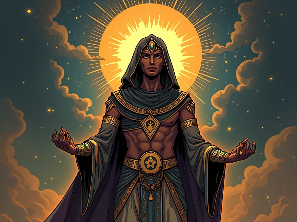  a wise figure, aware of actions, thoughts and words weaving reality, aura of mindful power. the style is digital art illustration / modern comic book / mysterious occult, symbolic, esoteric vibe,high detail on character design, incorporating ancient egyptian symbology and attire.