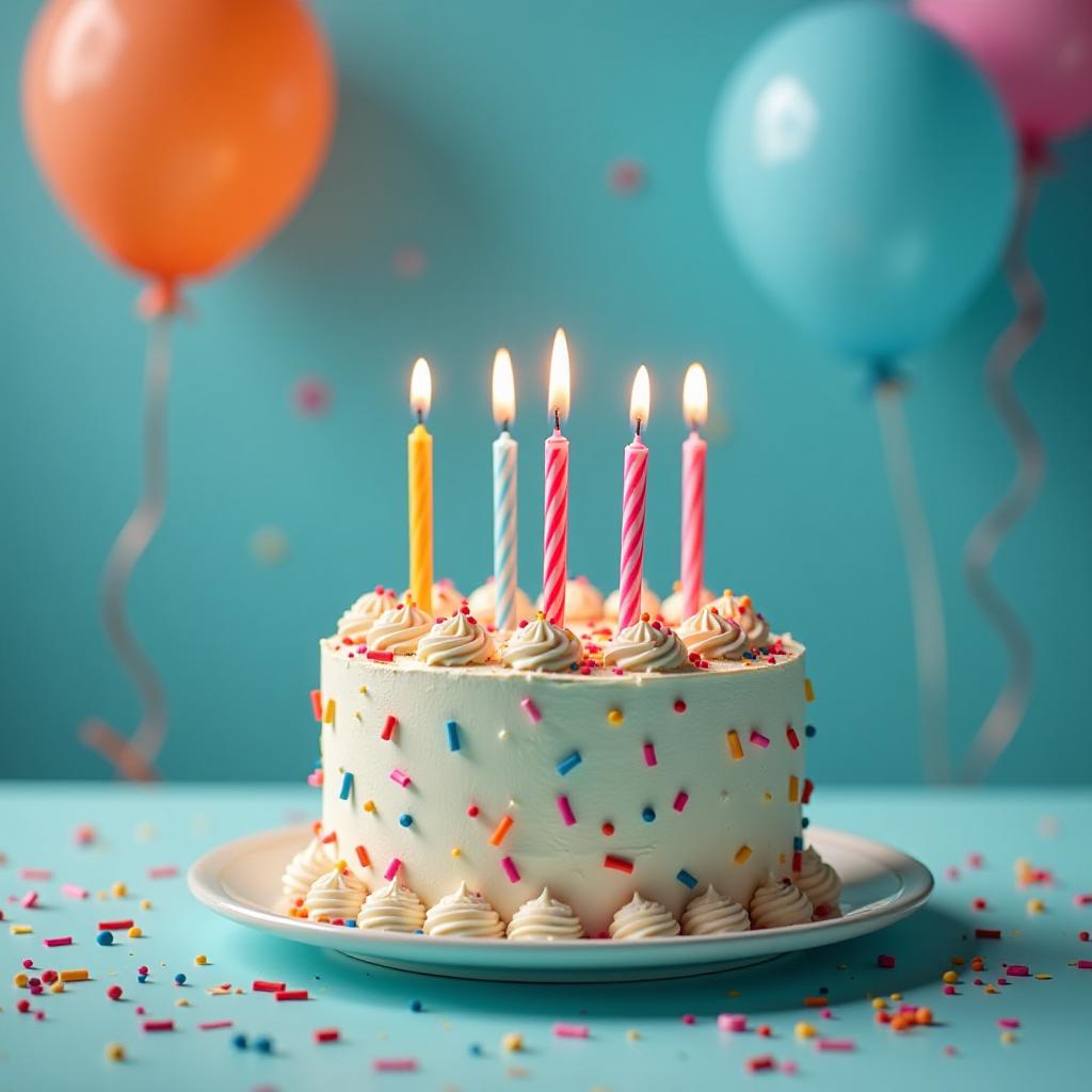  cinematic film style, colorful birthday cake with candles and balloons on light blue background with confetti, shallow depth of field, vignette, maximum details, high budget hollywood movie, bokeh, cinemascope, moody, epic, gorgeous, sun rays and shadows on furniture and surfaces, flattering light, raw photo, photography, photorealistic, 8k resolution, f1.4, sharpened focus, sharp focus