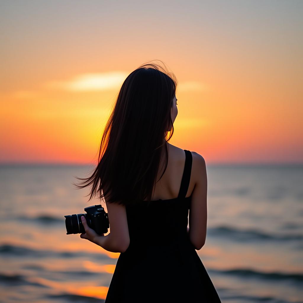  an asian girl with long dark hair in a black dress stands by the sea, facing away from us against the backdrop of a sunset, holding a camera in her hands.