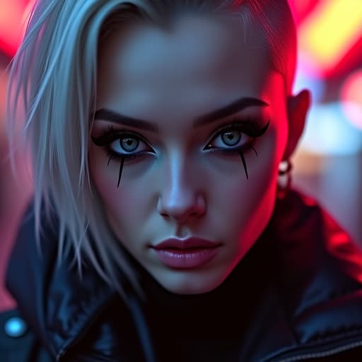  ultra realistic close up portrait ((beautiful pale cyberpunk female with heavy black eyeliner)), blue eyes, shaved side haircut, hyper detail, cinematic lighting, magic neon, dark red city, canon eos r3, nikon, f/1.4, iso 200, 1/160s, 8k, raw, unedited, symmetrical balance, in frame, 8k hyperrealistic, full body, detailed clothing, highly detailed, cinematic lighting, stunningly beautiful, intricate, sharp focus, f/1. 8, 85mm, (centered image composition), (professionally color graded), ((bright soft diffused light)), volumetric fog, trending on instagram, trending on tumblr, HDR 4K, 8K