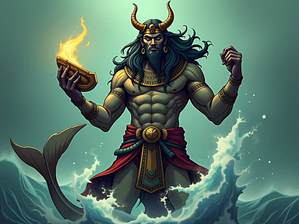  triton, with his fishtail and muscular upper body, holding a conch shell, emerging from the sea, a powerful and commanding presence, symbolizing the messenger of the sea. the style is digital art illustration / modern comic book / mysterious occult, symbolic, esoteric vibe,high detail on character design, incorporating ancient egyptian symbology and attire.