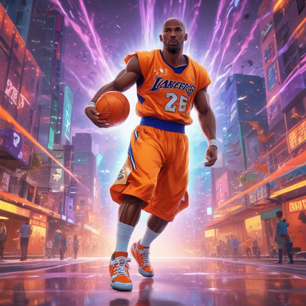 distance-shot, flashy, full-body, dynamic, holographic, animated cartoon poster of kobe scene in the style of dragon ball super