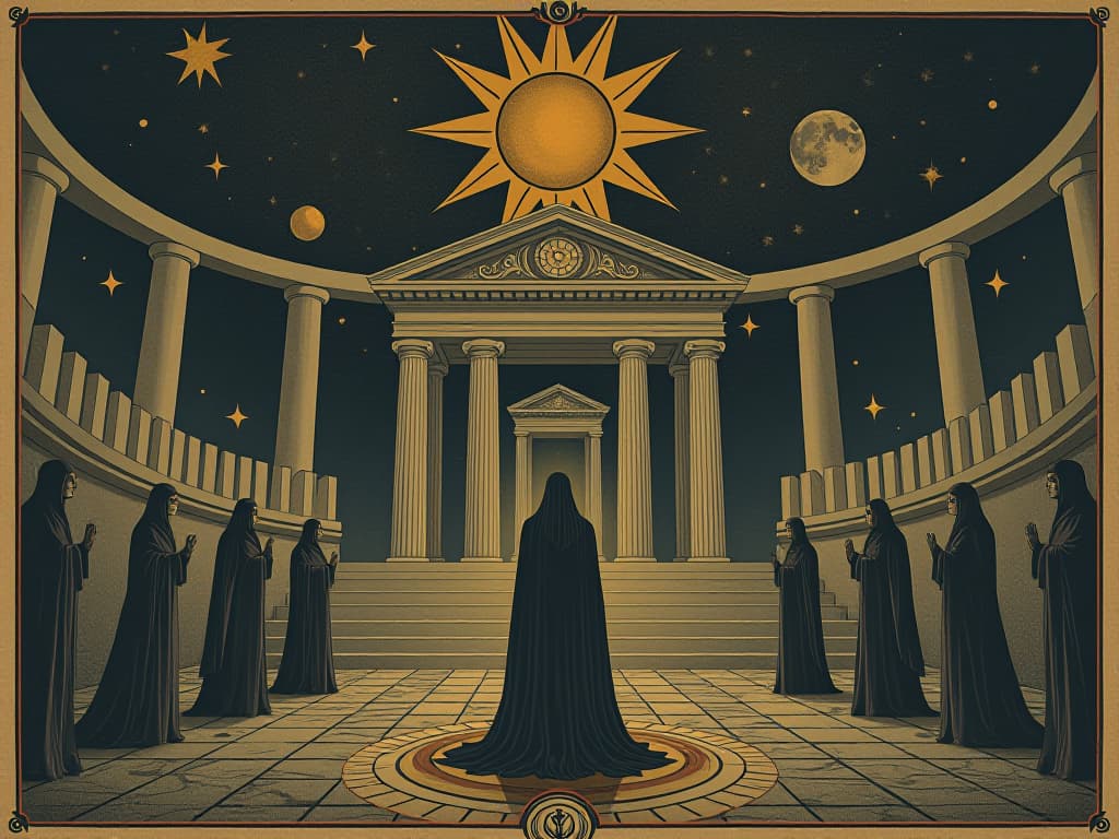  a figure standing before a celestial tribunal, stars and cosmic elements, authoritative, destined. an illustration in the style of a worn, mystical old tarot trump card, mysterious and elements of surrealism. the colors are muted, somber and eerie, but with contrast bring out an occult and esoteric vibe.