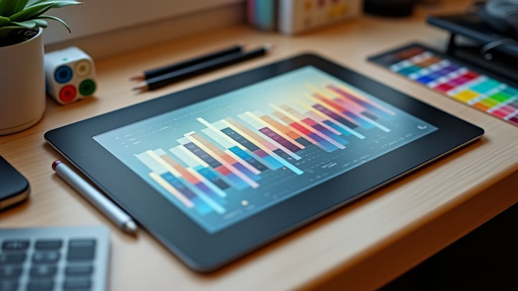  a designer's workspace featuring a graphic tablet and color swatches