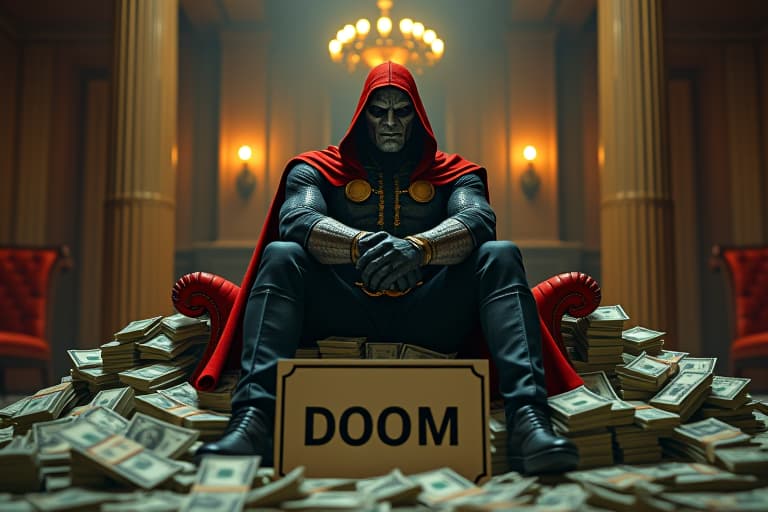  award winning photography, comic book character doctor doom as , sitting on an enormous pile of cash in a mansion,sign in front reads (modelsalb), 35mm photograph, film, bokeh, professional, 4k, highly detailed. embedding:ezrealponyxl, 8k hyperrealistic, full body, detailed clothing, highly detailed, cinematic lighting, stunningly beautiful, intricate, sharp focus, f/1. 8, 85mm, (centered image composition), (professionally color graded), ((bright soft diffused light)), volumetric fog, trending on instagram, trending on tumblr, HDR 4K, 8K