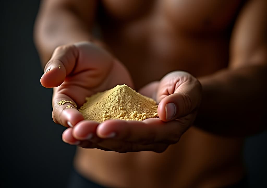  protein powder in man muscular hand shape, bodybuilding and power sport concept