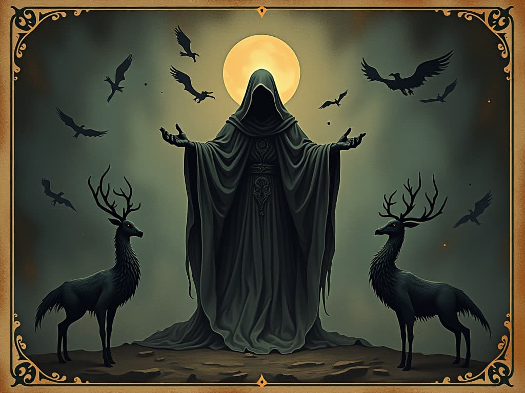  figure eliminating dark objects, sense of determination, protective aura, dark shadows in the background. an illustration in the style of a worn, mystical old tarot trump card, mysterious and elements of surrealism. the colors are muted, somber and eerie, but with contrast bring out an occult and esoteric vibe.