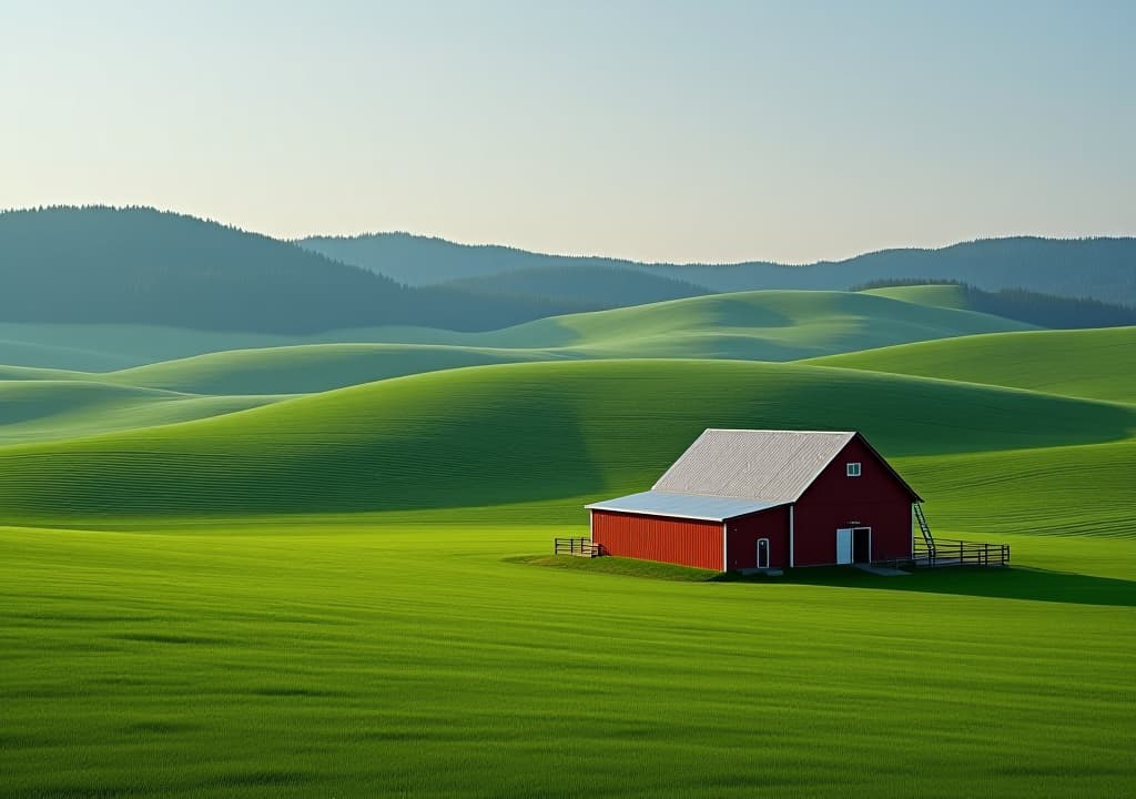  red barn on rolling green hills landscape photography