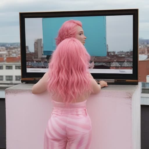 a lady with pink middle length hair stand on the rooftop looking at a picture of transgender lady that looks like her on the billboard