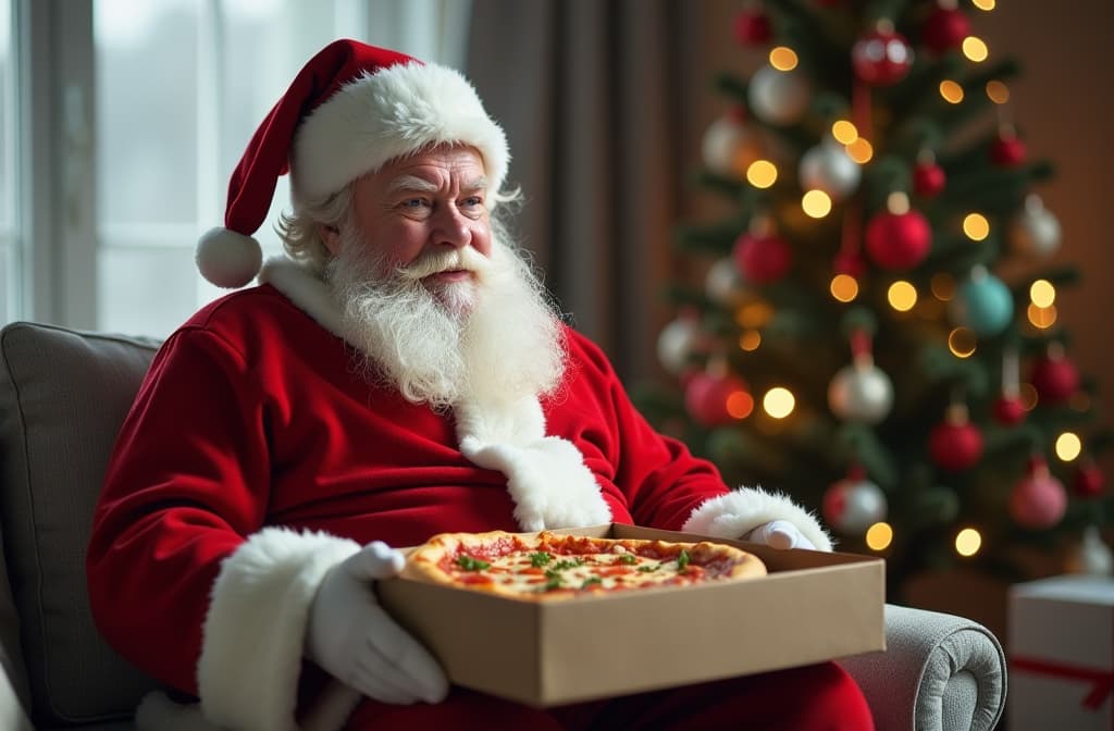  santa claus sitting on light gray sofa and eating pizza from box, blurred background christmas tree with toys, bright room ar 3:2, (natural skin texture), highly detailed face, depth of field, hyperrealism, soft light, muted colors