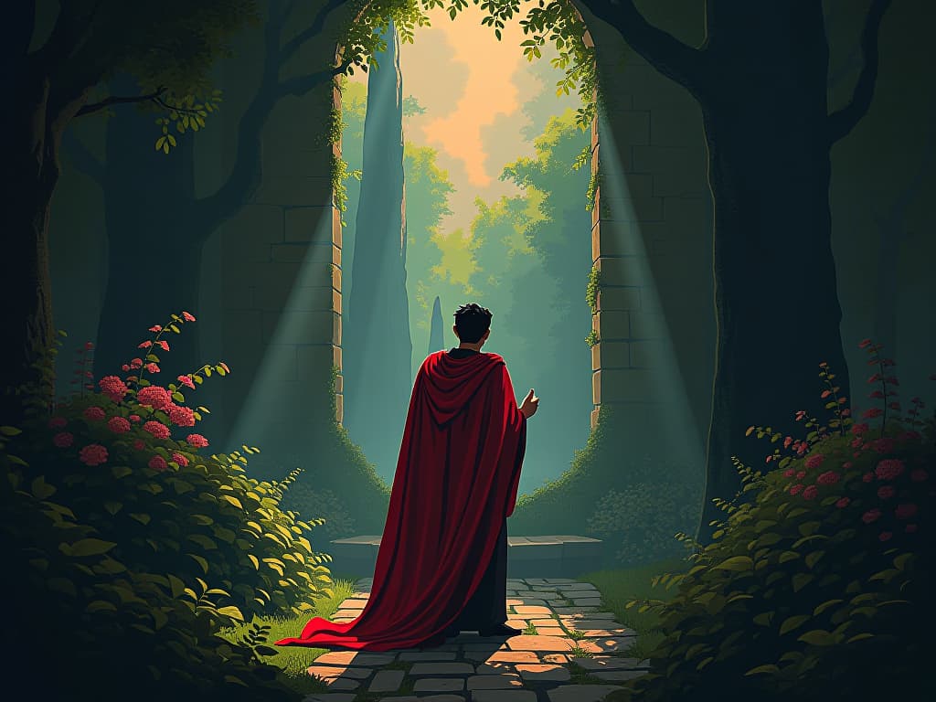  returning prodigal son in red, greeted by triumphant brother, lush garden, stark contrast of fortunes, air of familial tension. the style is digital art illustration / modern comic book / graphic dark novel fantasy and mysterious occult, symbolic, moody lighting, esoteric vibe,high detail on character design. for the color scheme emphasize blacks and reds.