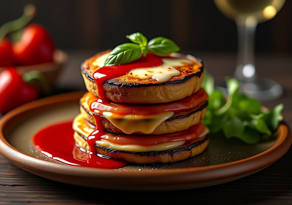  envision a striking image of a golden brown, crispy eggplant parmesan stack, layered with melted mozzarella and parmesan cheese, drizzled with a vibrant red pepper coulis. the stack is garnished with fresh basil leaves and sits on a rustic ceramic plate, accompanied by a small arugula salad. the scene is set on a dark wooden table with soft, warm lighting, creating an inviting and elegant atmosphere., in the style of photographic hyperrealistic, full body, detailed clothing, highly detailed, cinematic lighting, stunningly beautiful, intricate, sharp focus, f/1. 8, 85mm, (centered image composition), (professionally color graded), ((bright soft diffused light)), volumetric fog, trending on instagram, trending on tumblr, HDR 4K, 8K