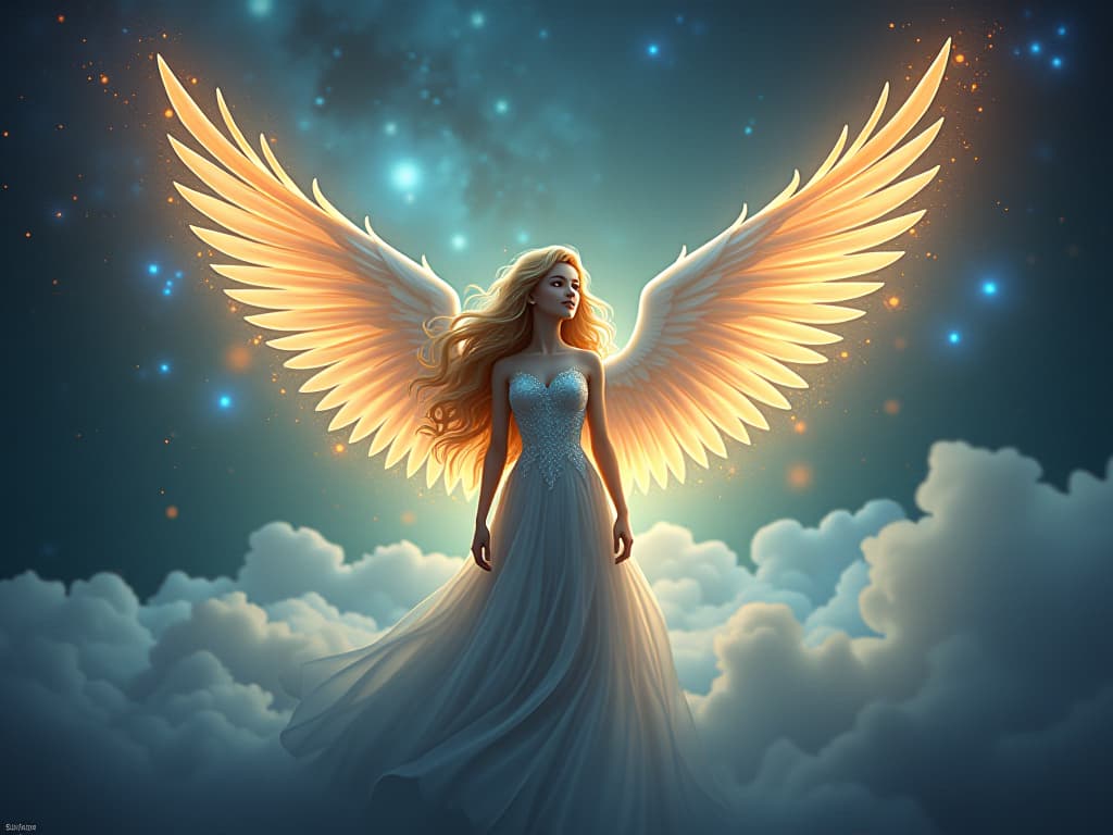  an ethereal angel with luminous wings, attuning to the glowing patterns of the universe.. the style is digital art illustration,highly detailed, whimsical,magical, dreamlike atmosphere, realism and fantasy blend, smooth, glossy textures,luminous quality, wonder and enchantment.