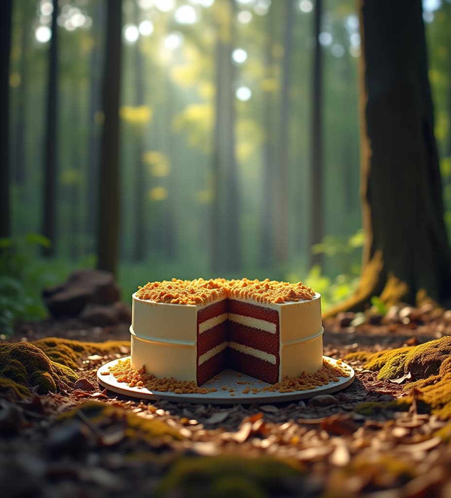  6.relatable, messy background, natural morning light: a huge cake in a giant forest